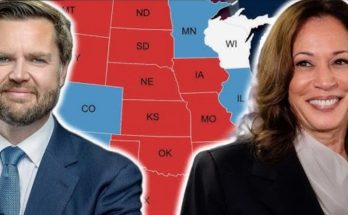 JD Vance and Kamala Harris flank an electoral map showing red and blue states across the