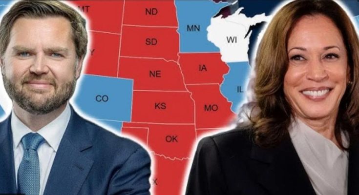 JD Vance and Kamala Harris flank an electoral map showing red and blue states across the